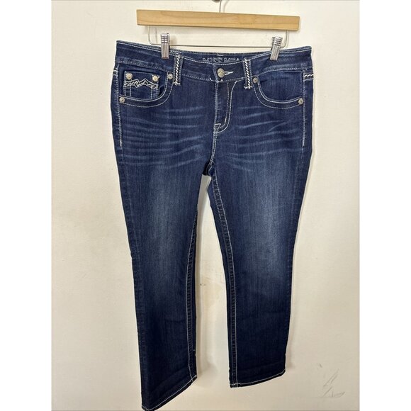 Miss Me Easy Capri Women 31x30 Blue Denim Jeans Jewelled Stretch - Picture 2 of 8